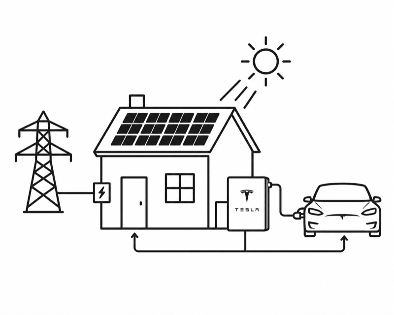 Solar panels and a Tesla Powerwall power your home and car